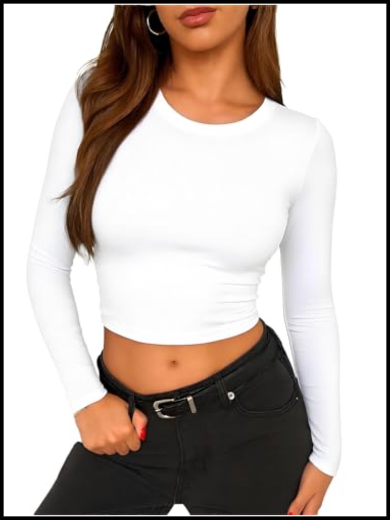 Women's Cropped Long Sleeve Fitted Tee Slim Going Out Top Y2k Cotton Spandex